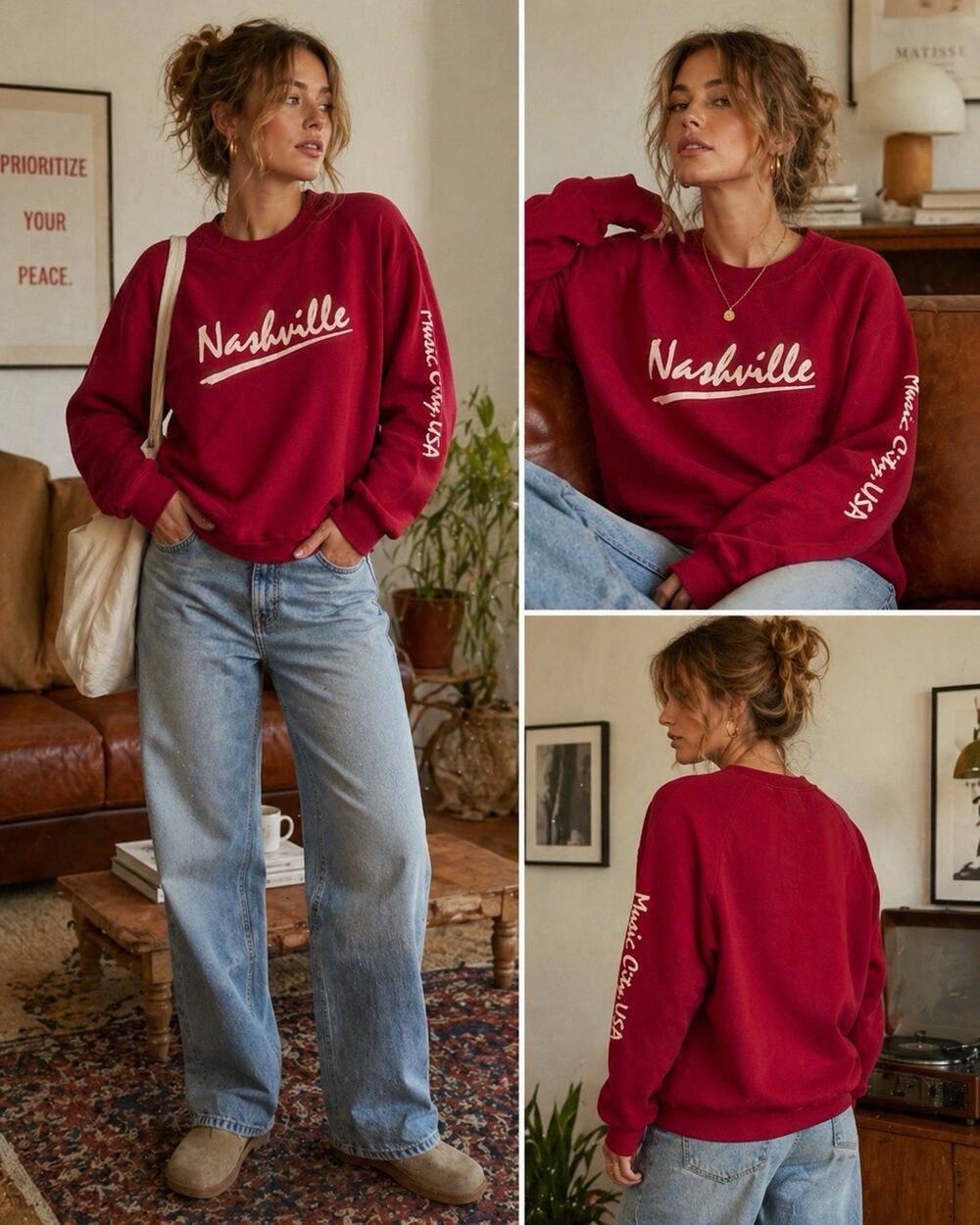 Vintage 80s Nashville Sweatshirt Womens Large Jerzees USA Red Graphic Crewneck - Picture 1 of 5
